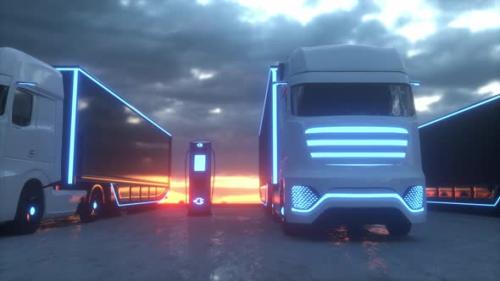 Videohive - Electric Car Charging Electric Trucks Charging at Logistics Center - 47507844