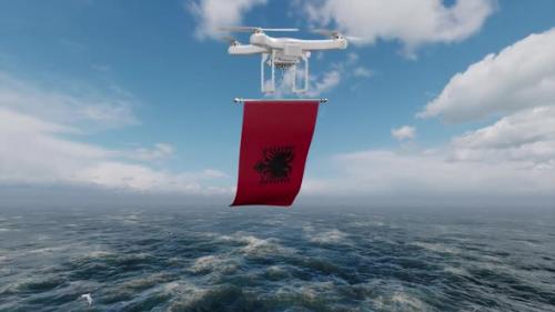 Videohive - Drone Flying Over Ocean With Albania Flag - 47547822