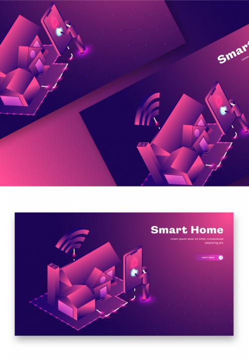 Responsive Landing Page Design with Miniature Man Opening Lock of Smart Home From Smartphone in Purple Color. 644482662