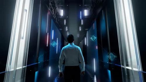 Videohive - Server Man in Futuristic Office Interior Moving and Activating Hologram - 48214268
