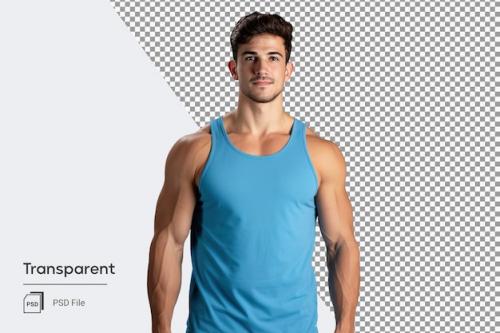 Athletic Young Man In Blue Sports Tank Top With Muscular Strong Body
