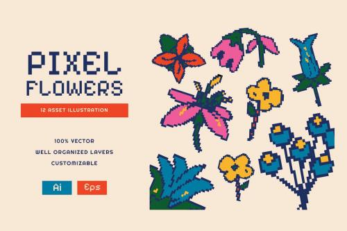 Cream Pixel Flowers Asset Illustration