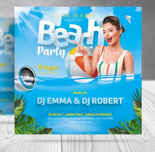 Adobe Stock - Summer Pool Party Flyer with Blue Red and Green Accents - 454631691