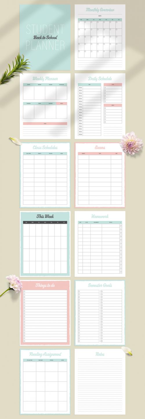 Adobe Stock - Student Planner Layout with Pastel Green and Pink Accents - 461596241