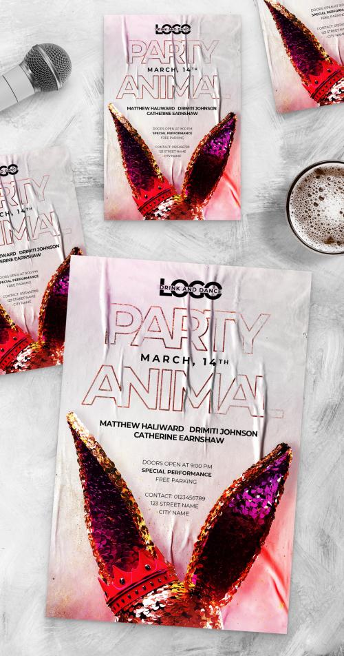 Party Animal Club Flyer Layout with 3D Rabbit Ears