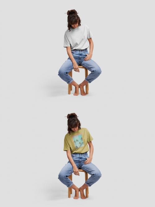 Woman with Shirt Mockup Sitting on a Stool
