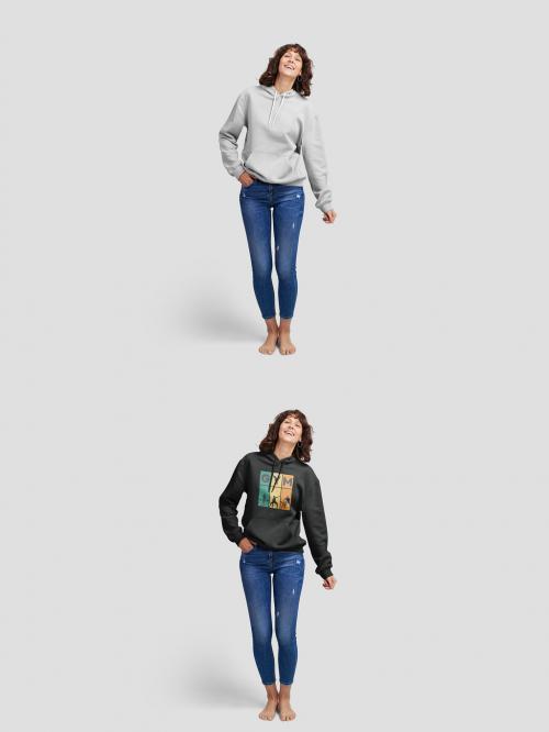 Woman Smiling and Wearing a Hoodie Mockup with Customizable Colors