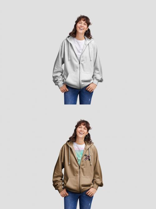 Woman with Zip-Up Hoodie and Shirt Mockup with Customizable Color