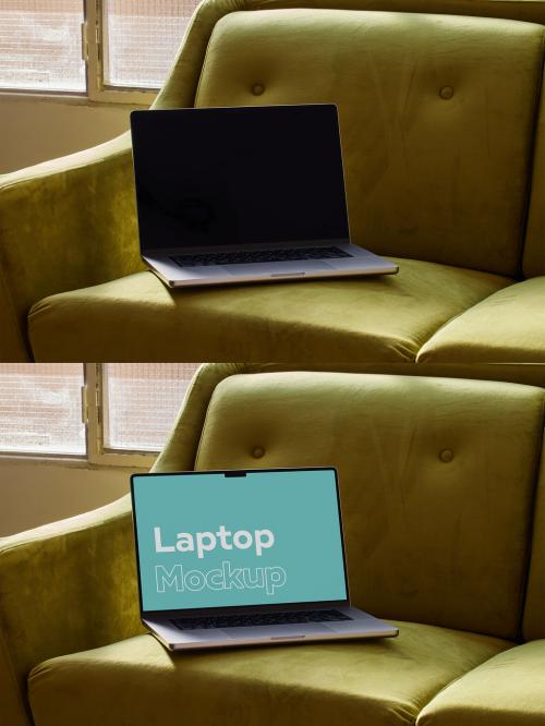 Laptop Mockup on a Green Sofa at Home