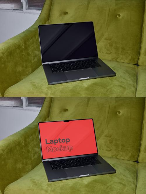 Modern Laptop Mockup With Flash Light on Sofa