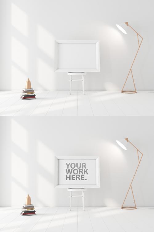 Horizontal White Poster Frame Mockup Standing on Chair in Room