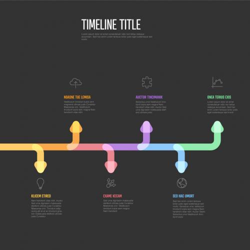 Horizontal Infographic timeline template with arrows and icons on dark background