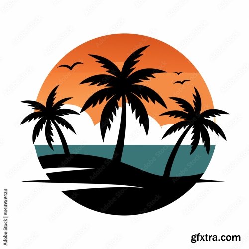 Beach With Palms Tree Black Silhouette 6xSVG