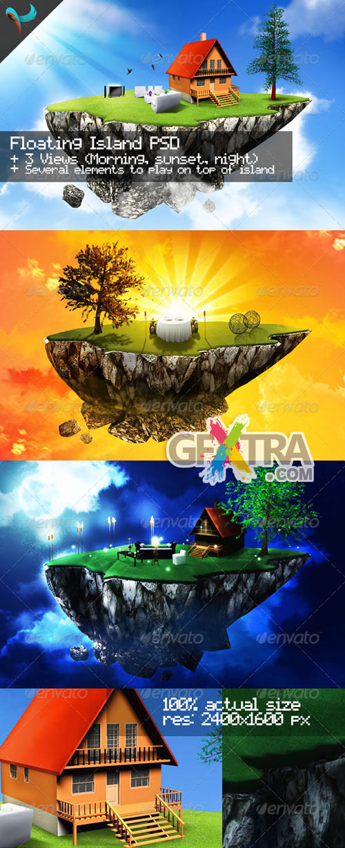 GraphicRiver - Floating Island Day, Sunset, and Night 107909