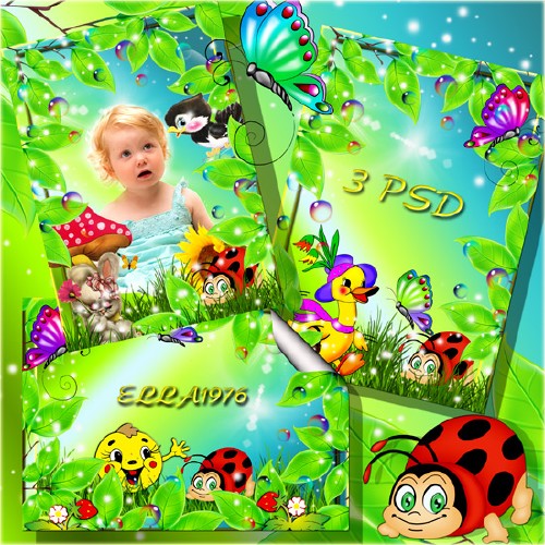 Three children\'s frames with cartoon characters on the fairy-meadow