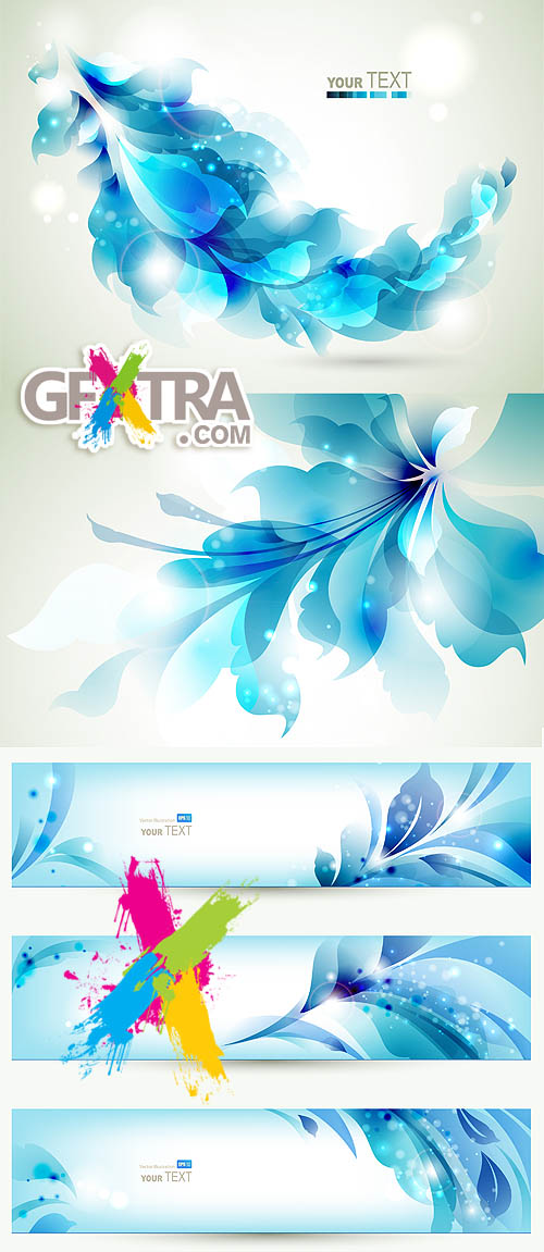 Beautiful Blue Banners with Flowers 3xEPS