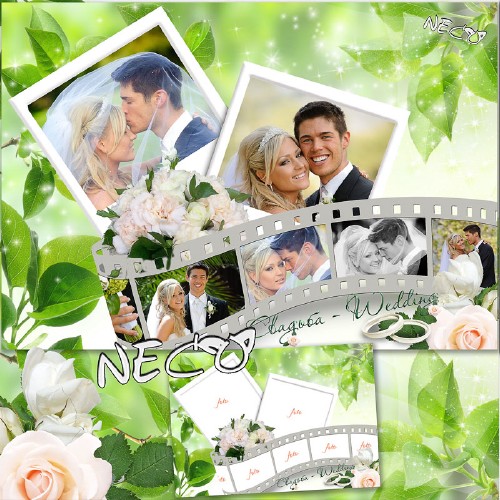 Wedding Frame - a collage of seven photos from a photographic film on a background of green - Stop a