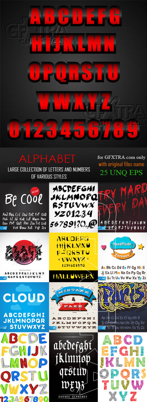Alphabets: Large Collection of Letters and Numbers of Various Styles, 25xEPS