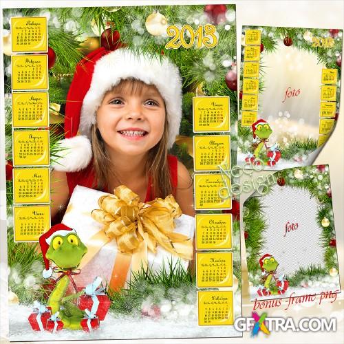 New Year\'s frame colorful calendar for 2013 with a snake among dressed fir branches