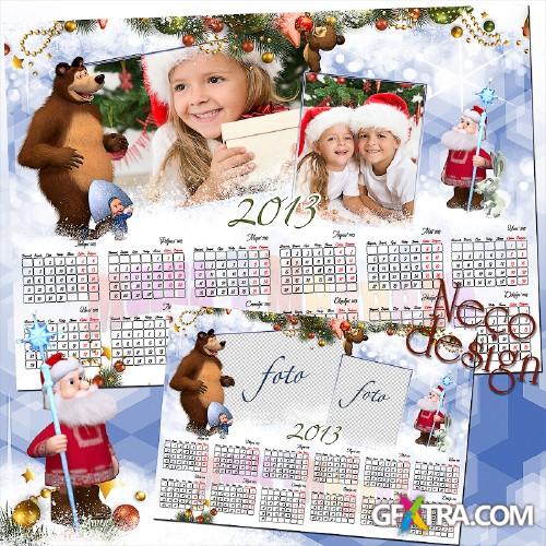 New Year Children\'s calendar with two frames - Masha and the Bear and Santa Claus