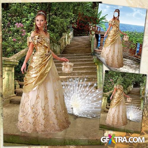 Female template in a gold dress with a handbag - In a lush garden and a terrace with sea view
