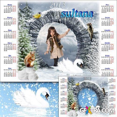 Calendar with a cutout for a photo in 2013 - Fantastic white swan