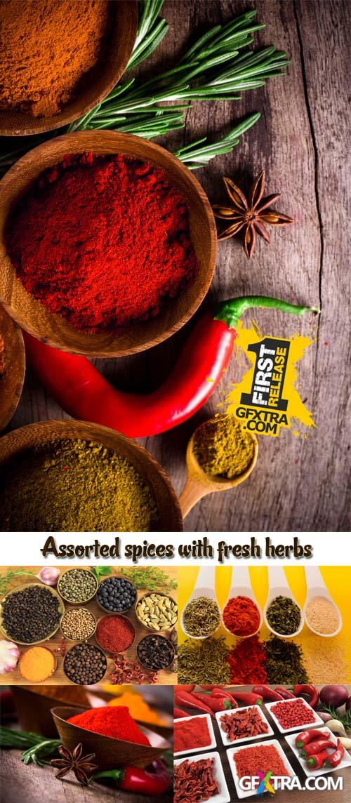 Stock Photo: Assorted spices with fresh herbs