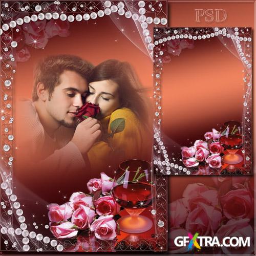 Romantic frame for Photoshop - Pearls and pink roses