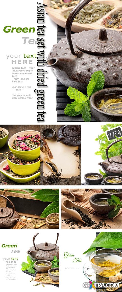 Stock Photo: Asian tea set with dried green tea