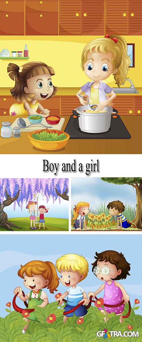 Stock: Boy and girl outdoors, drawing