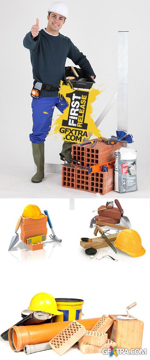 Stock Photo: Building bricks, hard hat, trowel and gloves