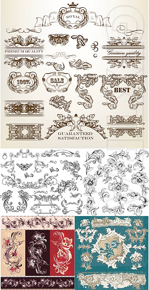 Vintage floral elements and swirl ornaments