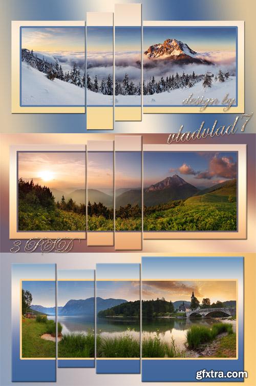 Mountain panorama at sunrise - Polyptych in psd format