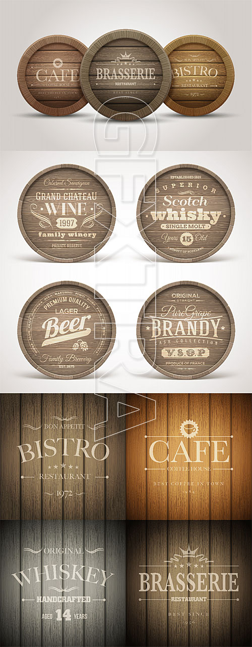 Wooden barrel with restaurant labels