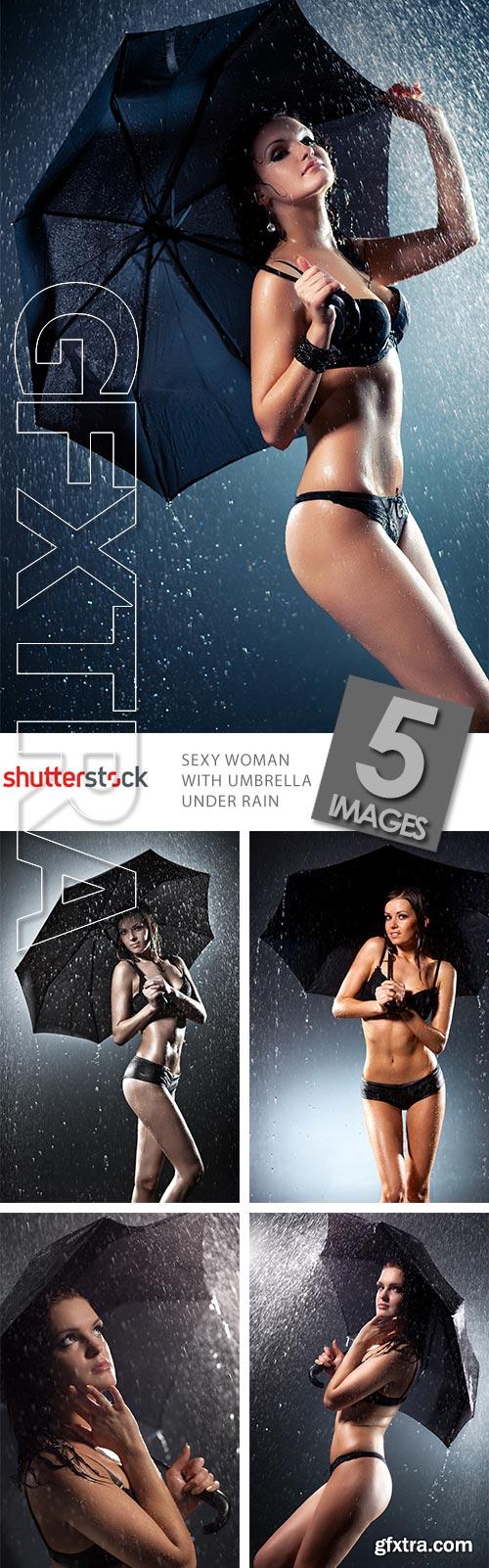 Sexy Woman with Umbrella under Rain 5xJPGs