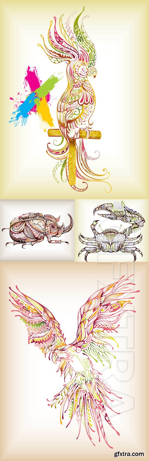 Decorative Crab, Beetle & Parrot Vectors 4xEPS