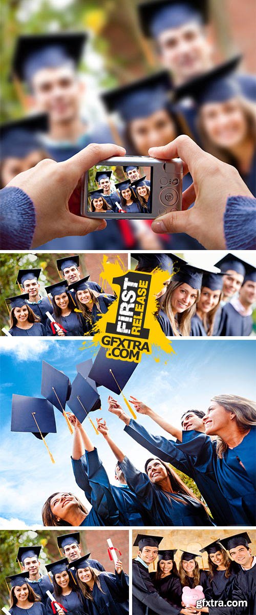 Stock Photo: Students throwing graduation hats