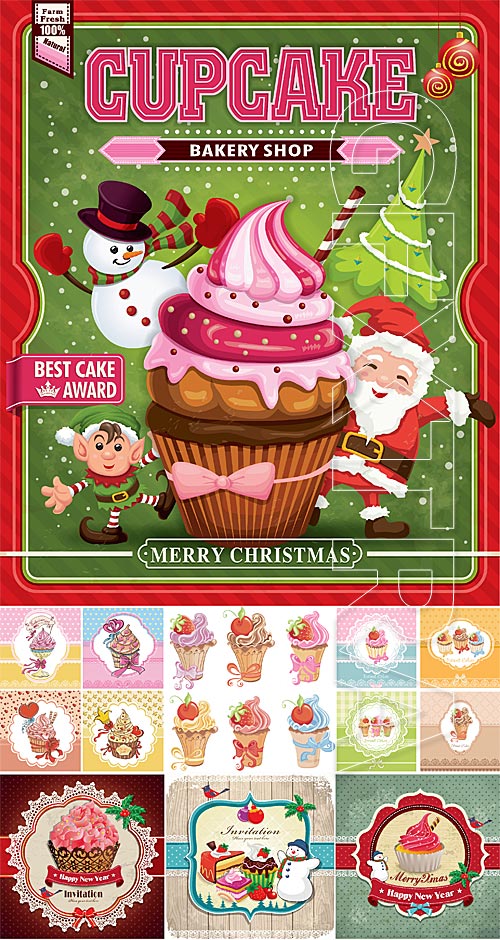 Vintage cards with Christmas cupcakes
