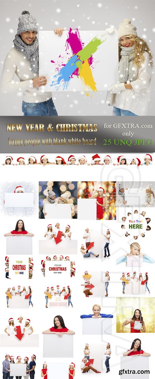 New Year & Christmas - Happy People with Blank White Board 25xJPG