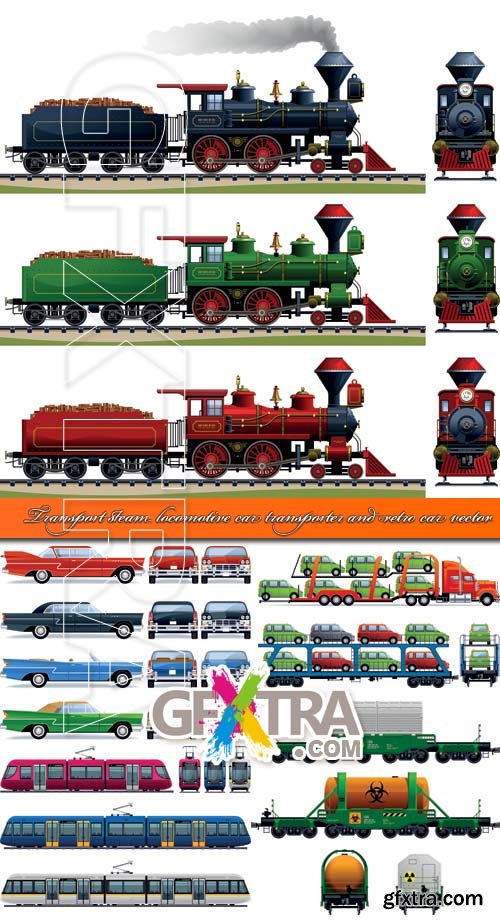Transport steam locomotive car transporter and retro car vector