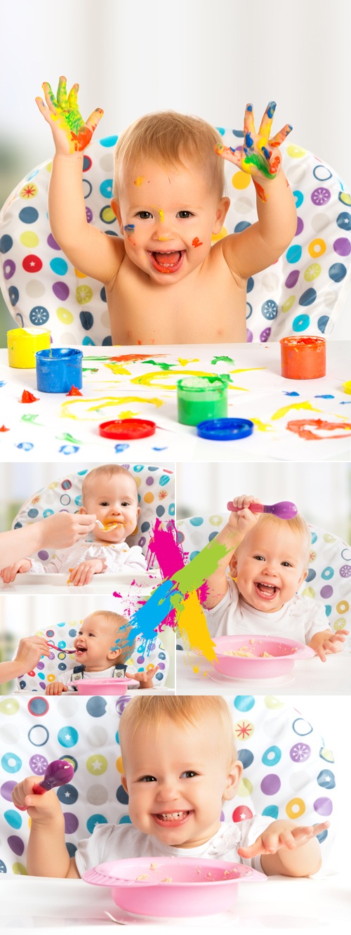 Stock Photo - Cute Baby eating & painting