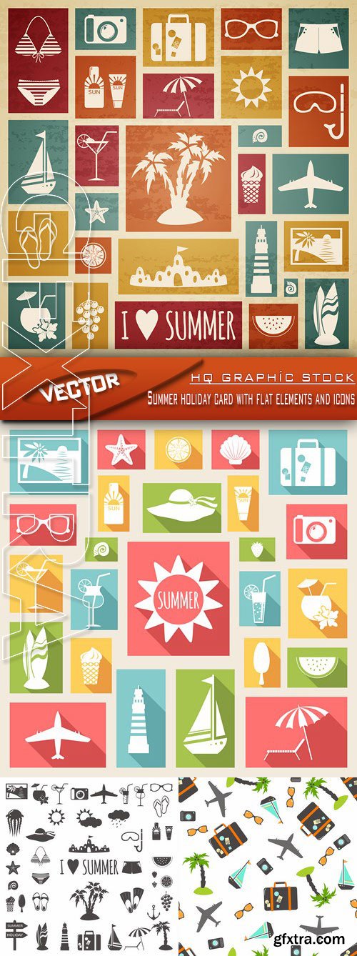 Stock Vector - Summer holiday card with flat elements and icons