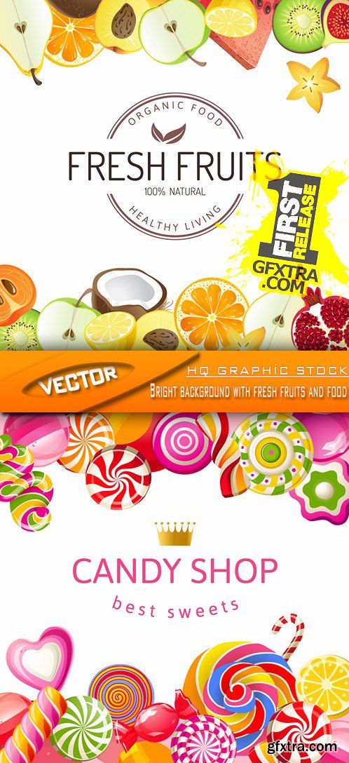 Stock Vector - Bright background with fresh fruits and food