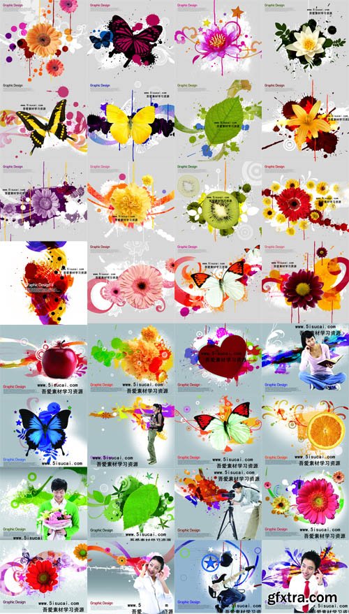 Digital Art Collection of Bright Summer Flowers and Fruits