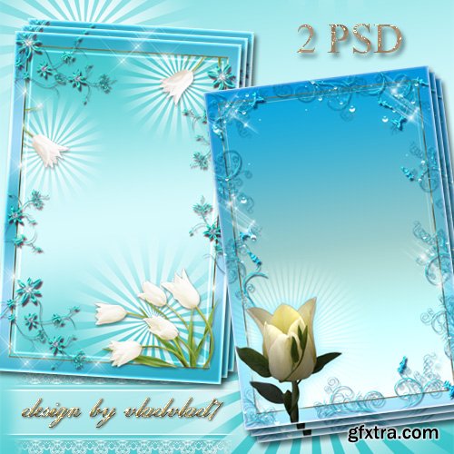 Flower frames for Photoshop - White tulips, blue swirl