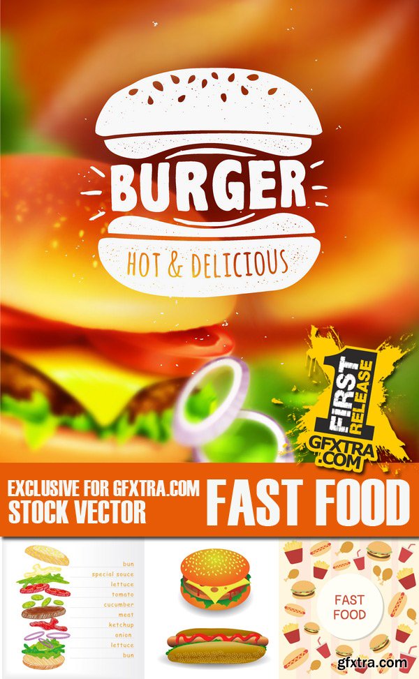 Stock Vectors - Fast Food, Hot dog, Pizza, Burgers, 25xEps