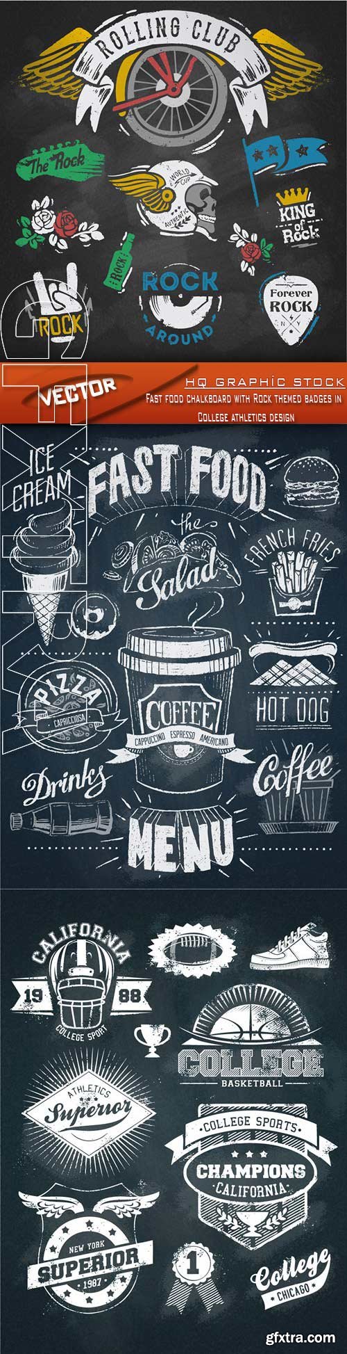 Stock Vector - Fast food chalkboard with Rock themed badges in College athletics design