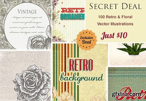 Secret Deal 100 Retro & Floral Vector Illustrations