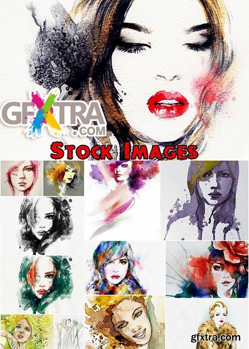 Watercolored Woman Face Illustrations 25xJPG