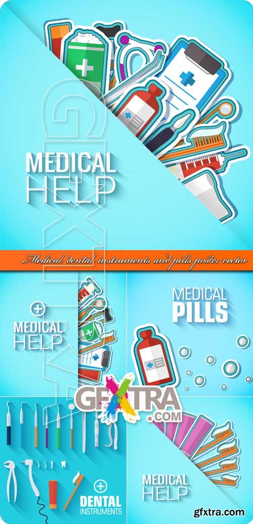 Medical dental instruments and pills poster vector